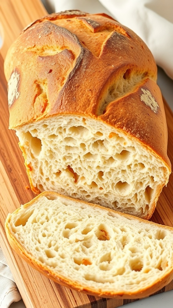 Perfect Sourdough Bread Baking Temperature A golden-brown sourdough bread loaf sliced to show its airy crumb on a rustic wooden board.